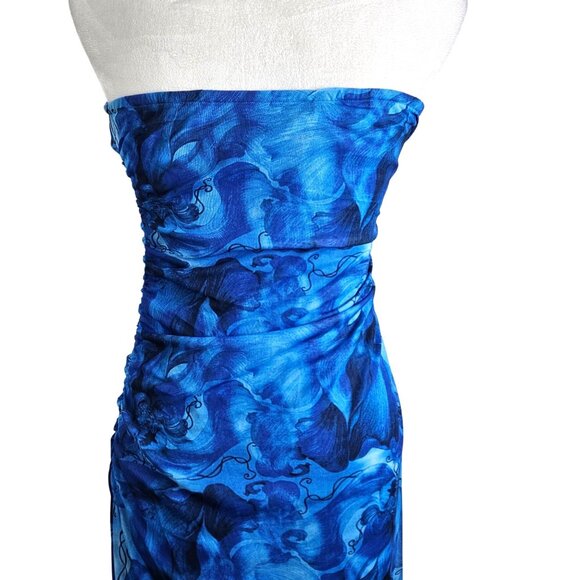 Womens Elegant Large Strapless Tube Top Blue Floral Bodycon Maxi Dress Party - Picture 7 of 12